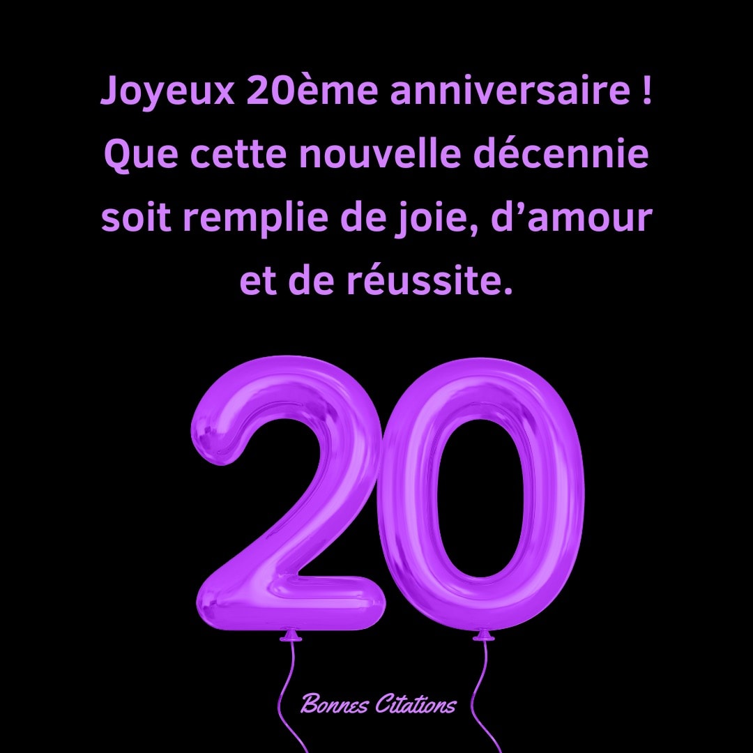 ballons violets en forme de 20, avec message joyeux anniversaire