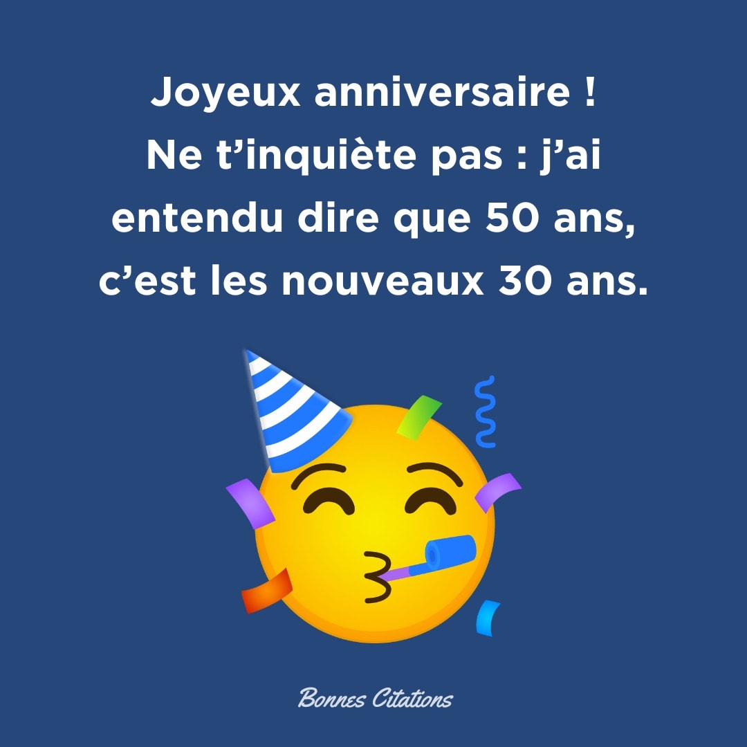 emoji avec chapeau de fête et message amusant pour le 50e anniversaire